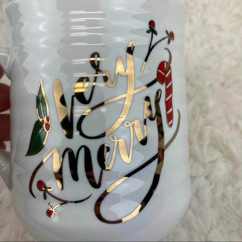 Pier 1 Stoneware Very Merry Candy Cane & Holly Coffee Mug 16oz. Christmas
